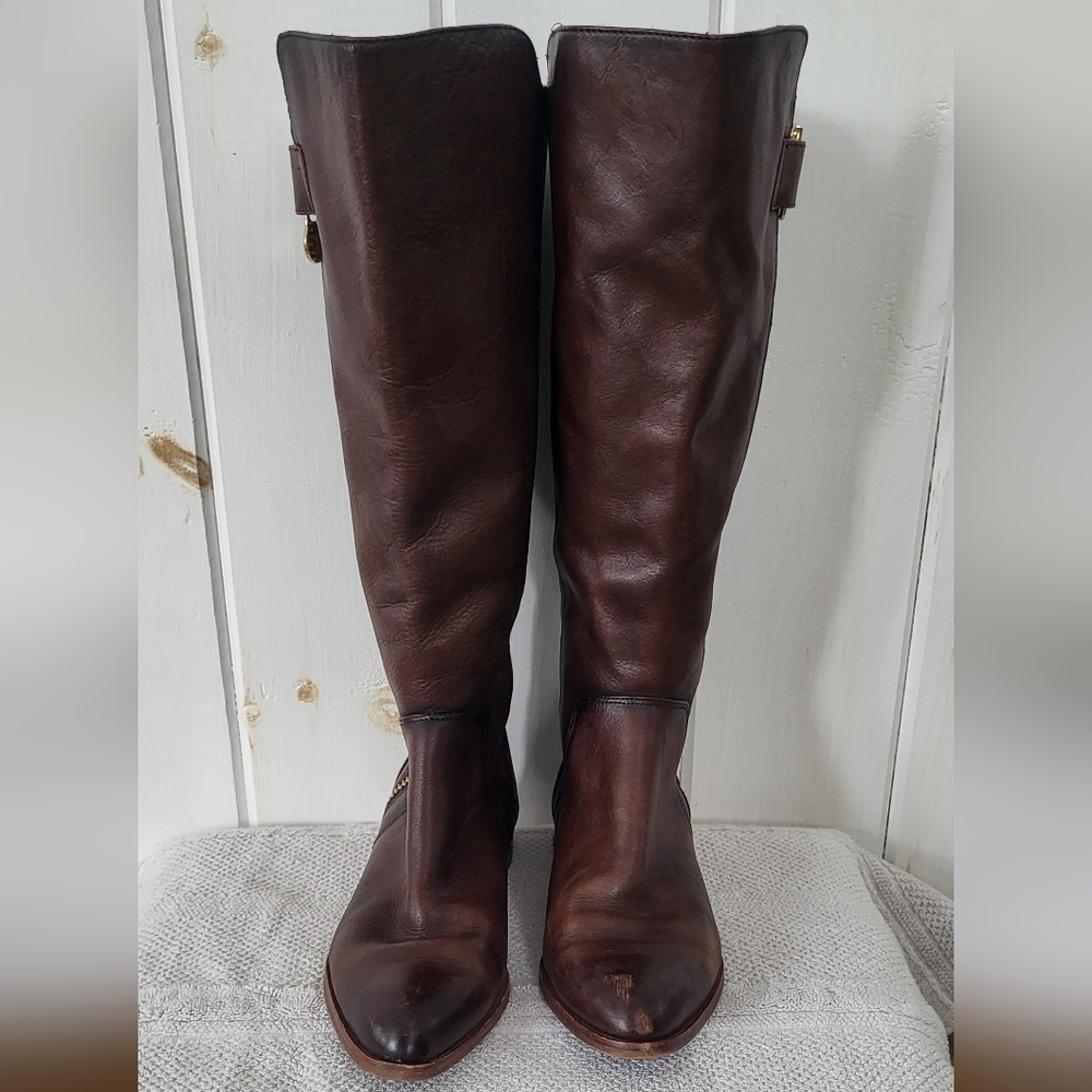 Isola Melino Brown Leather Gold Played Zipper Riding Boot - Picture 12 of 12